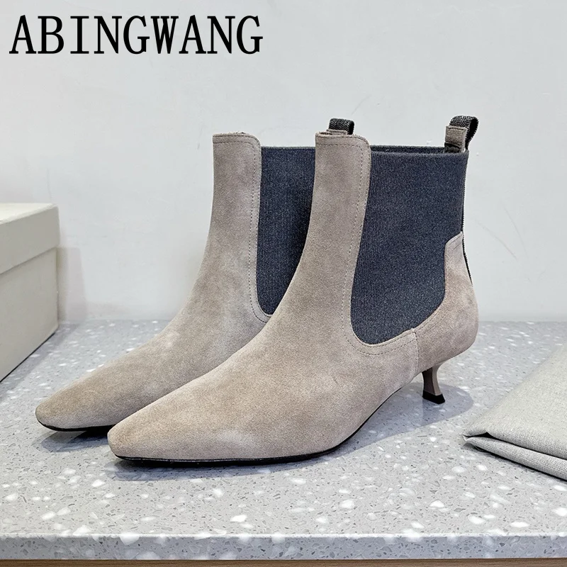 

Autumn Winter New Genuine Leather Kitten Heels Ankle Boots Women Pointed Toe Sexy Chelsea Shoes Women Sexy Short Boots Mujer