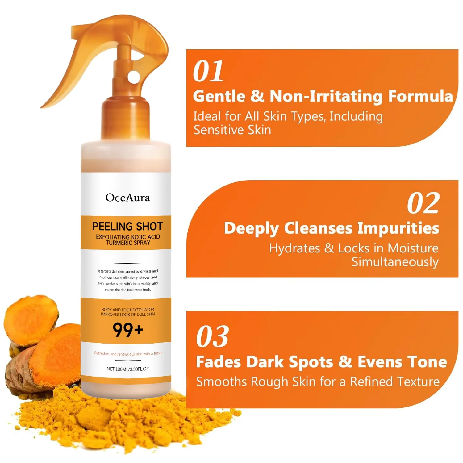 Kojic Acid Turmeric Body Exfoliating Cleansing Spray for Dark Spots Smooth Skin Moisturizing Brightening Mist for All Skin Types