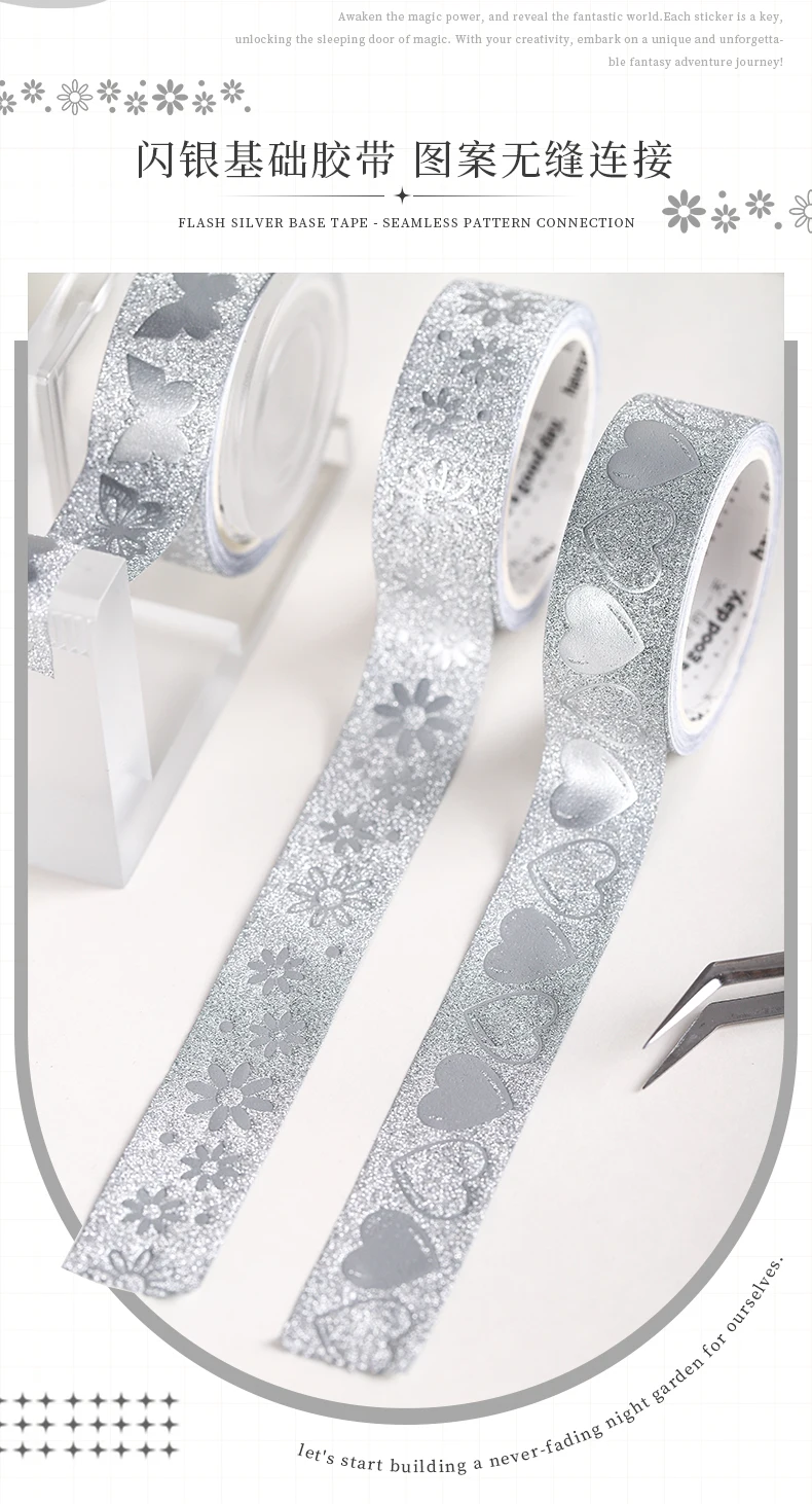 Journal GO 1,5 cm x 2 m Washi-Tape mit Glitzereffekt, Flash Spezialpapier Schleife Herz Blume Masking Tape für Journaling und Scrapbooking – Detail 5