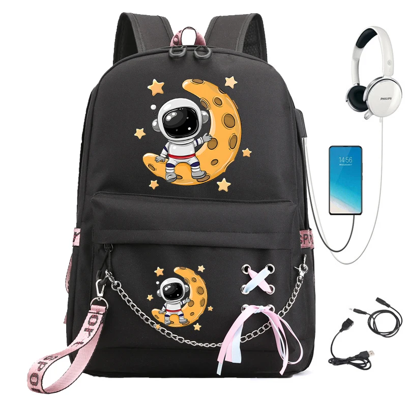 Cartoon Astronaut on The Moon Print Backpack for Girls Children Lovely Schoolbag Teenager Girls Schoolbag Kids School Backpack