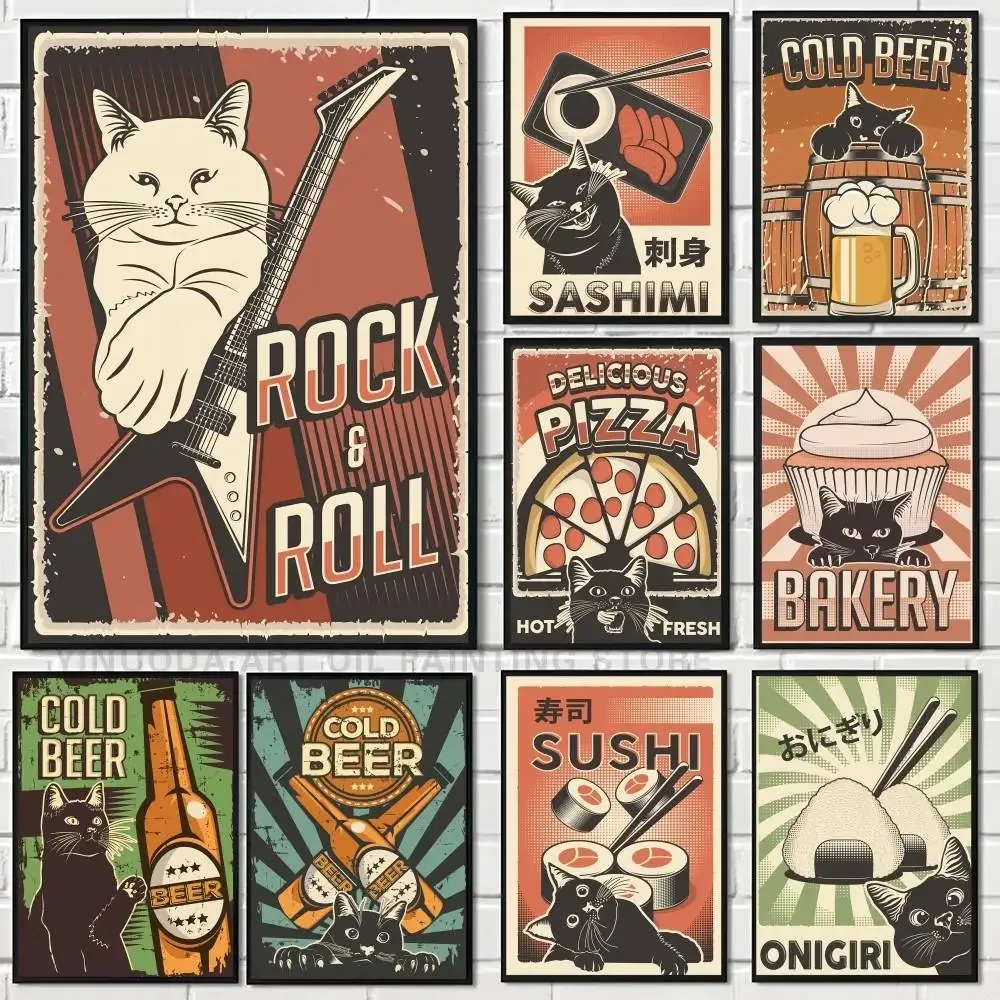 Japan Essen Sushi Ramen Sashimi Teriyaki Lustiges schwarzes Poster Wandkunst Druck Wasserdicht Zuhause Wohnzimmer Schlafzimmer Bar Ästhetisches Dekor