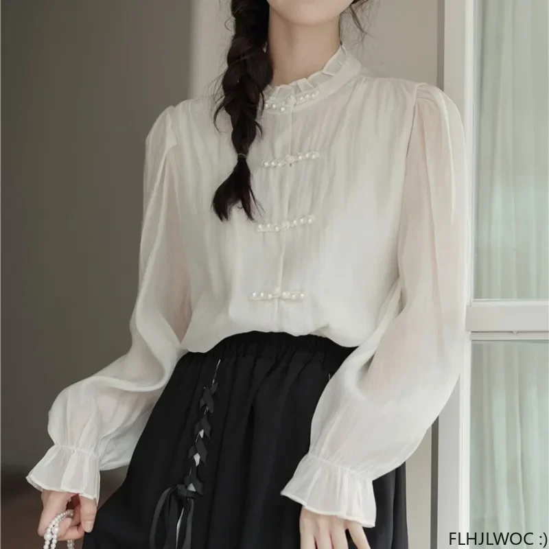 Chinese Style Chi-pao Collar Cotton Ruffles Beaded Tops 2024 Autumn Long Sleeve Women Date Girls Cute Retro Shirt Blouse Vintage