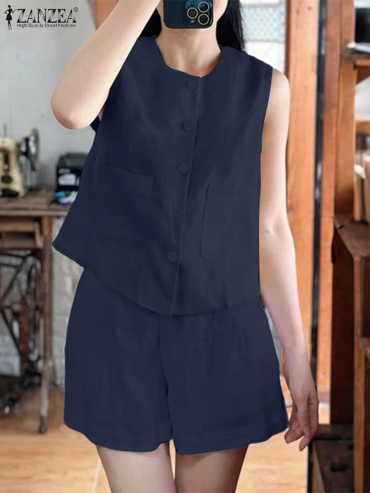 

ZANZEA Summer Sleeveless Tanks Tops Pant Suit Women Outfits Short Sets Fashion Two Piece Sets Elegant Solid Tracksuits Oversize