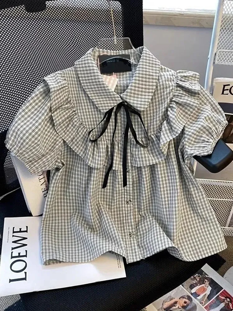 

Cute Ruffles Plaid Shirt Women Sweet Puffy Sleeve Bow Lace Up Blouse Spring Summer Fashion Preppy Style Japan Female Kawaii Tops
