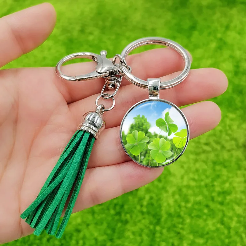 Charm Four Leaf Clover Keychain Green Blue Tassel Glass Crystal Pendant Fashion Women Lady Bag Charms Keyring Luck Jewelry