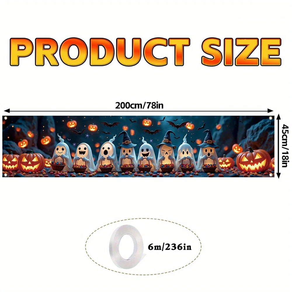 Fröhliches Halloween-Zaunbanner, Niedlicher Geister-Hexenhut, Süßigkeiten-Kürbislaterne, Fledermaus-Druck, Lange Hängeflagge für Garten und Außendekoration – Detail 5