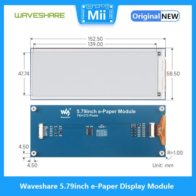 Waveshare 5,79-calowy moduł wyświetlacza e-papierowego, wyświetlacz E-ink, 792x272, czarno-biały, interfejs SPI dla serii Raspberry Pi/Jetson