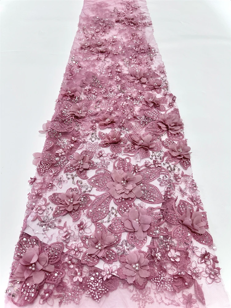 African 3D Flower Beaded Fabric, Sequins Embroidery, French Tulle, Mesh Lace Fabric for Wedding, Luxury Fashion,5 Yards