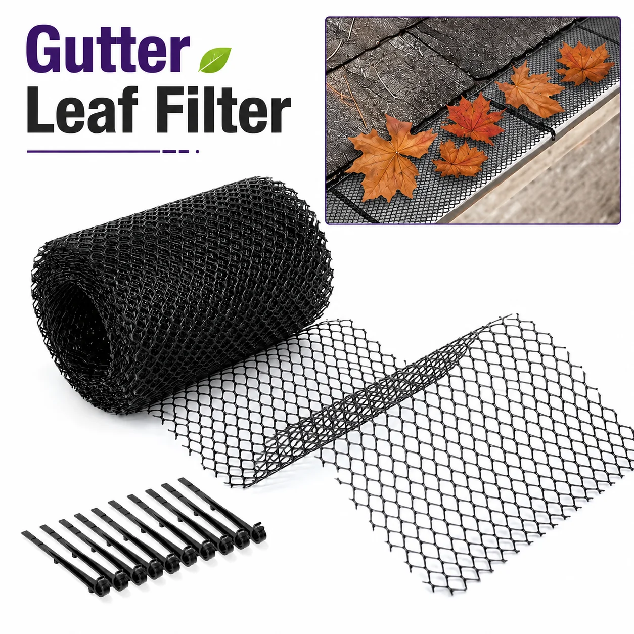 1PCS Gutter Guard Mesh Roll with Hooks Plastic Leaf Filter Net for Roof Gutters Downspouts Anti Clogging Debris Screen