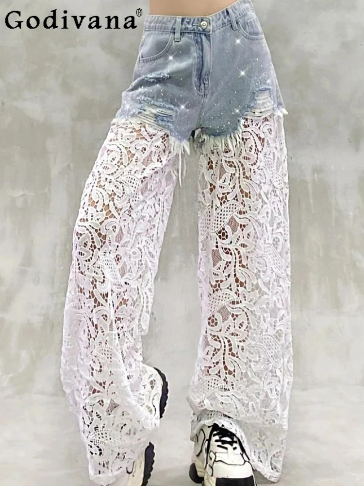 

Elegant Lace Splicing Hot Diamond Sexy Hollow Leisure Jeans Girl Summer High Waist Fashion Versatile Straight Wide-leg Pants