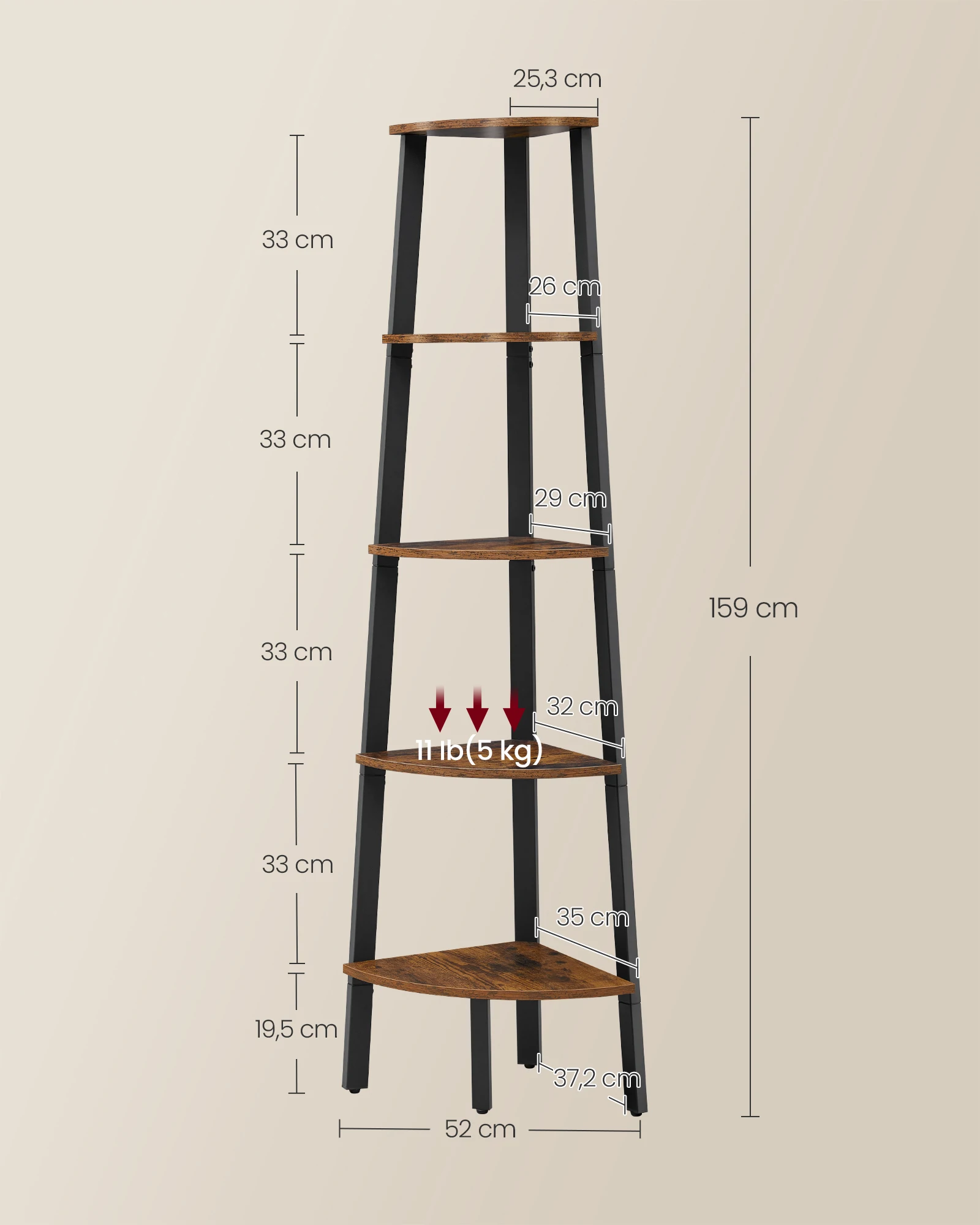 خزانة كتب ركنية بإطار فولاذية ، 5 مستويات ، H: 4 ، من من VASAGLE