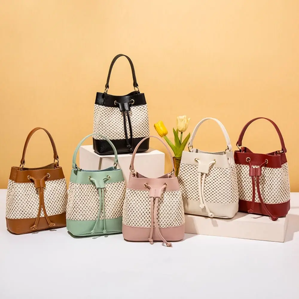 Bundle Pocket Straw Crossbody Bag Commute Handbag Drawstring Bucket Bag Large Capacity Messenger Bag Beach Shoulder Bag Girls