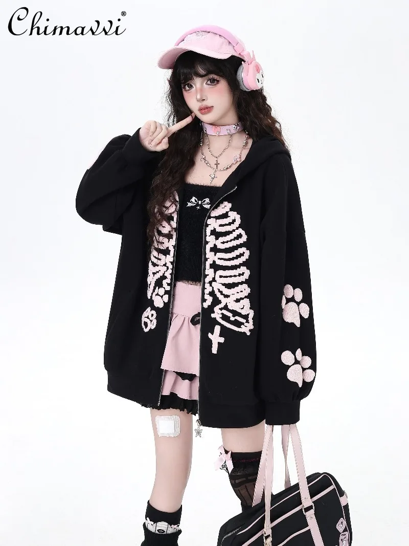 

Original Sweet Heavy Embroidery Loose Sweatshirt Jacket 2025 Autumn New Fashion Long Sleeve Loose Kawaii Girls Women Top