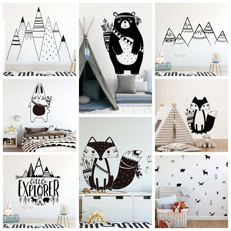 

Cartoon Tribal Animals Vinyl Wall Sticker For Kids Room Decoration Babys Bedroom Decor Decals Stickers Bear Fox art wallpaper