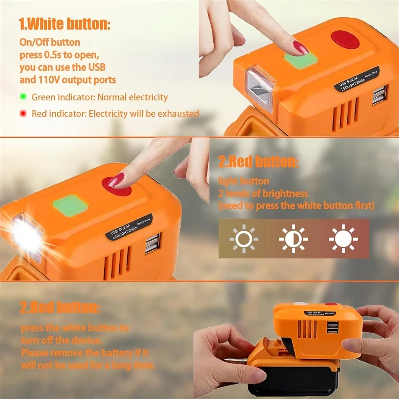 150W Portable Power Supply Inverter For Dewalt 20V Lithium Battery DC 20V To AC 110V/220V Power Station Generator with Light