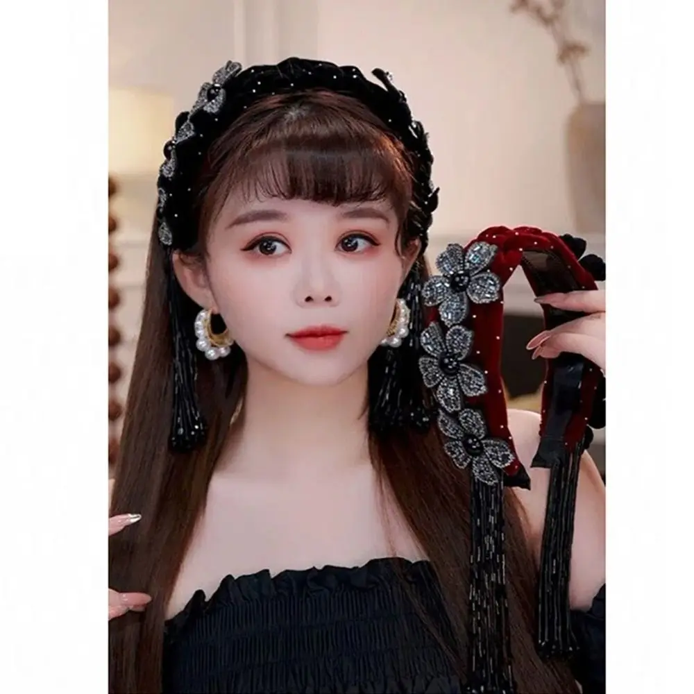 

1Pcs Durable Velvet Braided Tassel Headband Wide Edge Floral Head Band Lace Mesh Stylish Charm Tassel Hair Accessories for Women