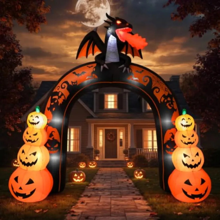 Outdoor Halloween dragon pumpkin archway inflatable decor: 10 FT tall, weather-resistant PVC, orange-green, built-in LEDs for y