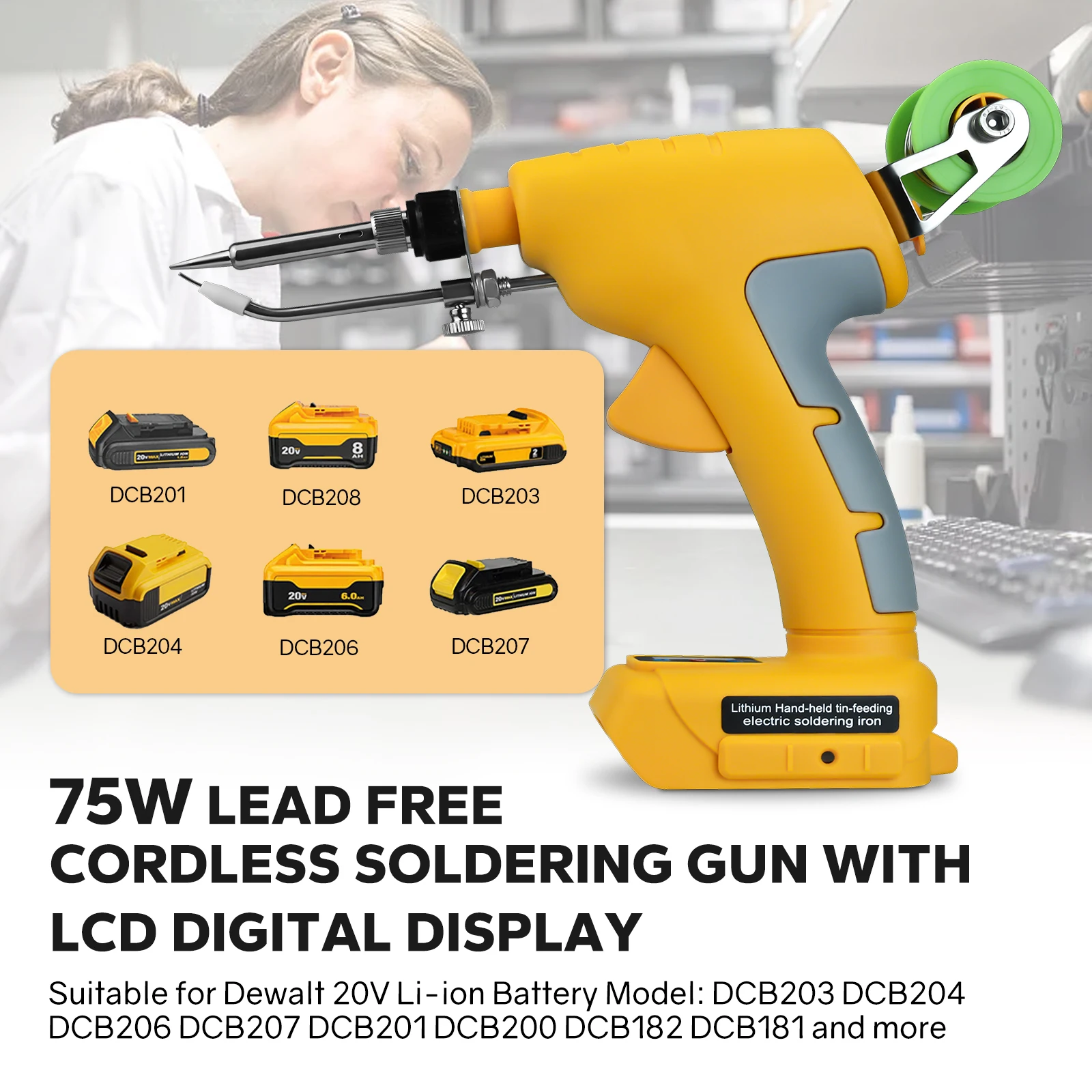 75W Cordless Soldering Iron Kit for Dewalt 20V Li-ion Battery Fast Welding Tool with LED Display Electric Solder Gun(No Battery)