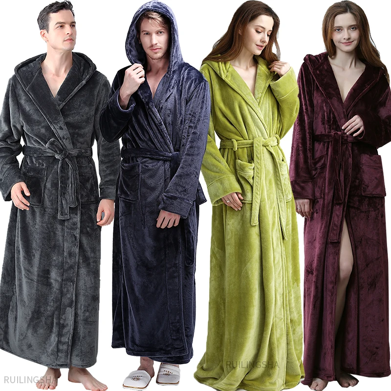 

Men Super Long Thermal Hooded Flannel Bathrobe Plus Size Star Zipper Winter Warm Bath Robe Male Sleepwear Women Dressing Gown