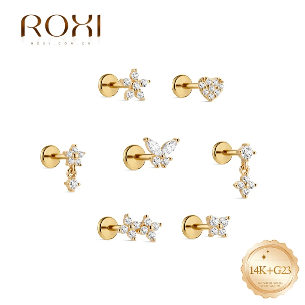 ROXI 1PC 14K Solid Gold Hypoallergenic Piercing Earring Heart Butterfly Flower Flat Top Jewelry Women Daily Dating Wedding Gift