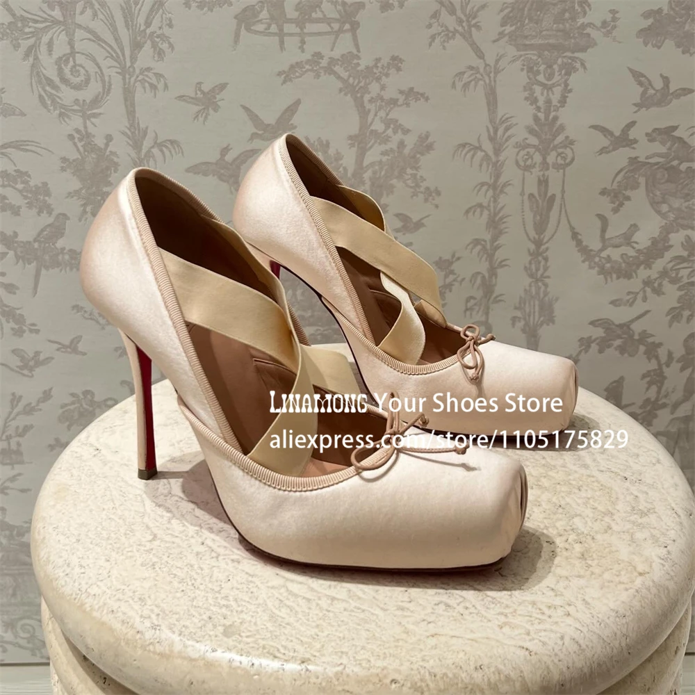 

Satin Crepe Ballerina Stiletto Pumps Designer Style Square Toe Small Bow High Heels Satin Suede Multicolor Slip on Women's Pumps