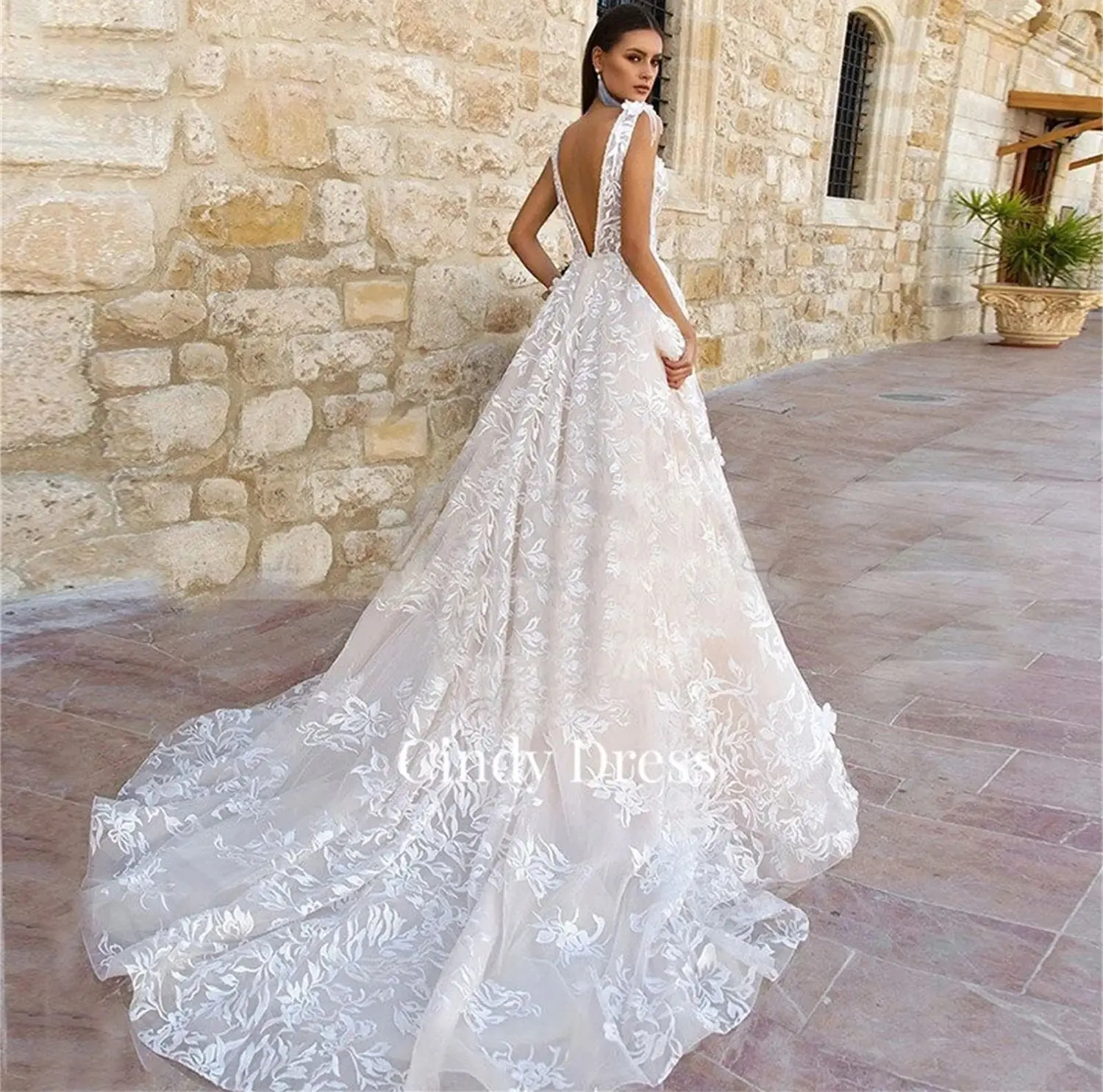 

Cindy Handmade V-neck Wedding Dresses A-line Bridal Gowns Sleeveless Backless Applique Lace Tulle Bride Gown Vestido De Novia