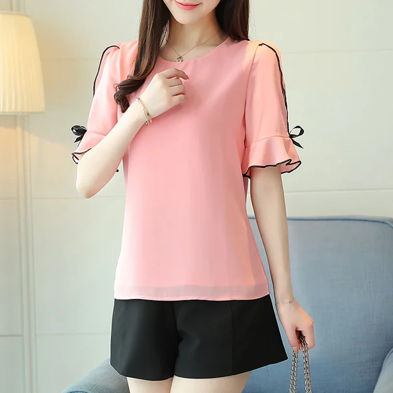 Summer Chiffon Women Blouse Short Sleeve Sweet Elegant Tops Fashion Casual Blouses Bow Clothing