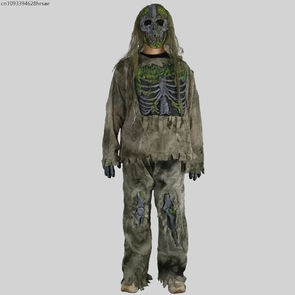 Scary Zombie Skeleton Costume Tattered Rotted Ghost Outfit with Skull Mask Gloves Unisex Halloween Haunted House Cosplay Set