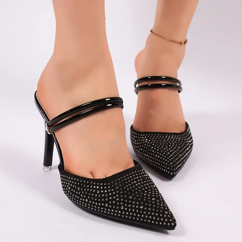 New Style One-strap High-heeled Pointed-toe Wrap-around Flip-flops in Large Size with Rhinestones