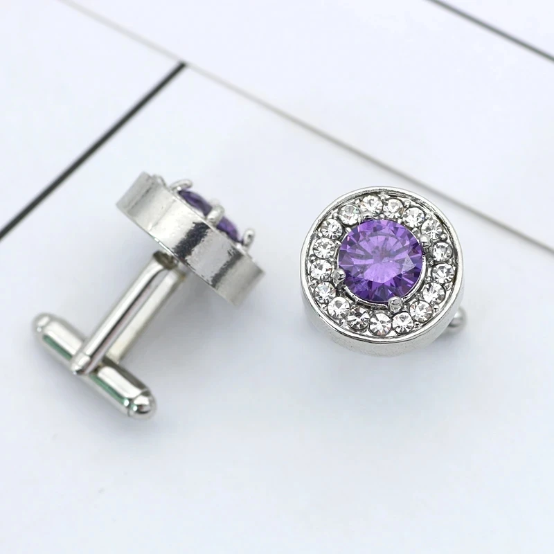 Delicate Tiny Round Cufflink For Men Boys Purple Crystal Luxury High Quality French Shirts Cuff Links Button Male Jewelry Gifts