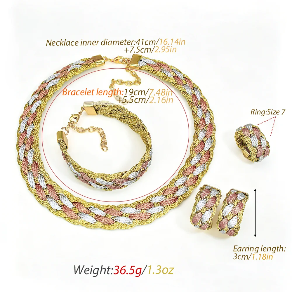 GZJPEI Handmade Tri Color Braided Jewelry Set 4Pcs Bohemia Boho Women Woven Twis Necklace Earrings Bracelet Ring Jewelry Gift