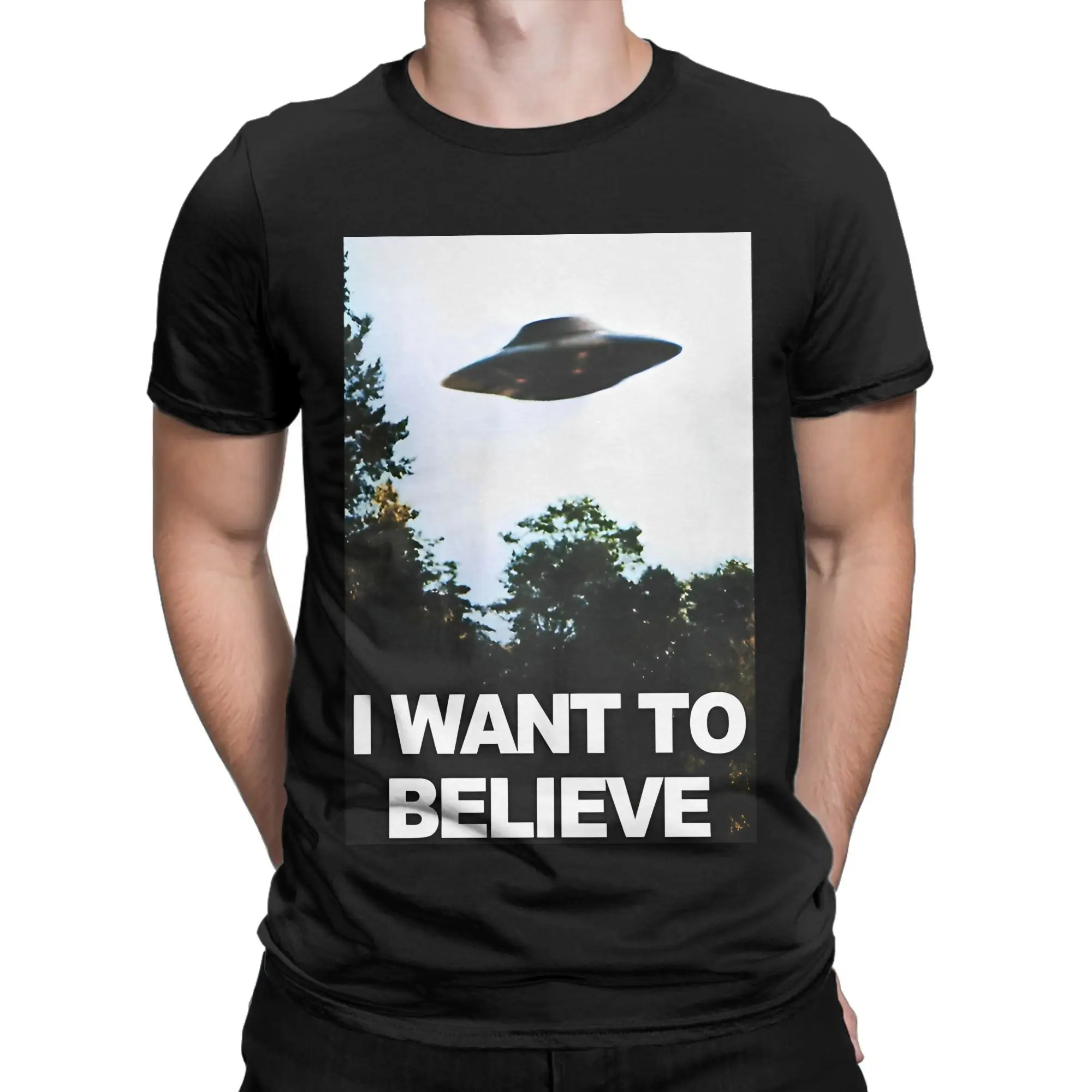 The X Files Movie  T-Shirts Men  I Want to Believe Novelty 100% Cotton Tee Shirt Crew Neck Short Sleeve T Shirts Printed Clothes