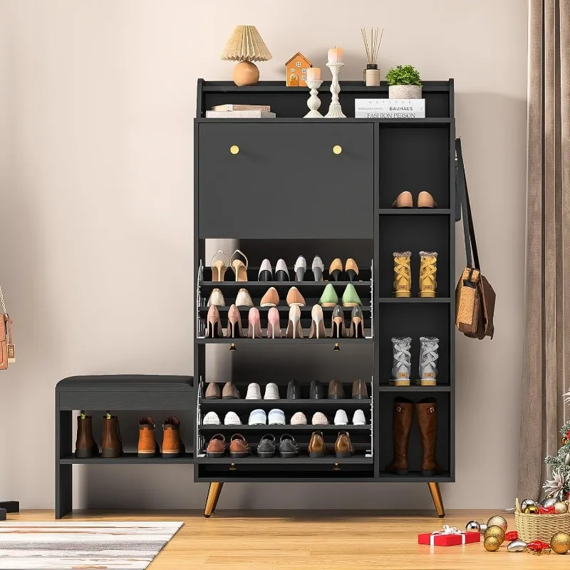 Shoe Cabinet With 9 Flip Drawers,Shoe Storage Cabinet With 3 Hooks & Bench,Hidden Slim Shoes Organizer Cabinet With Open