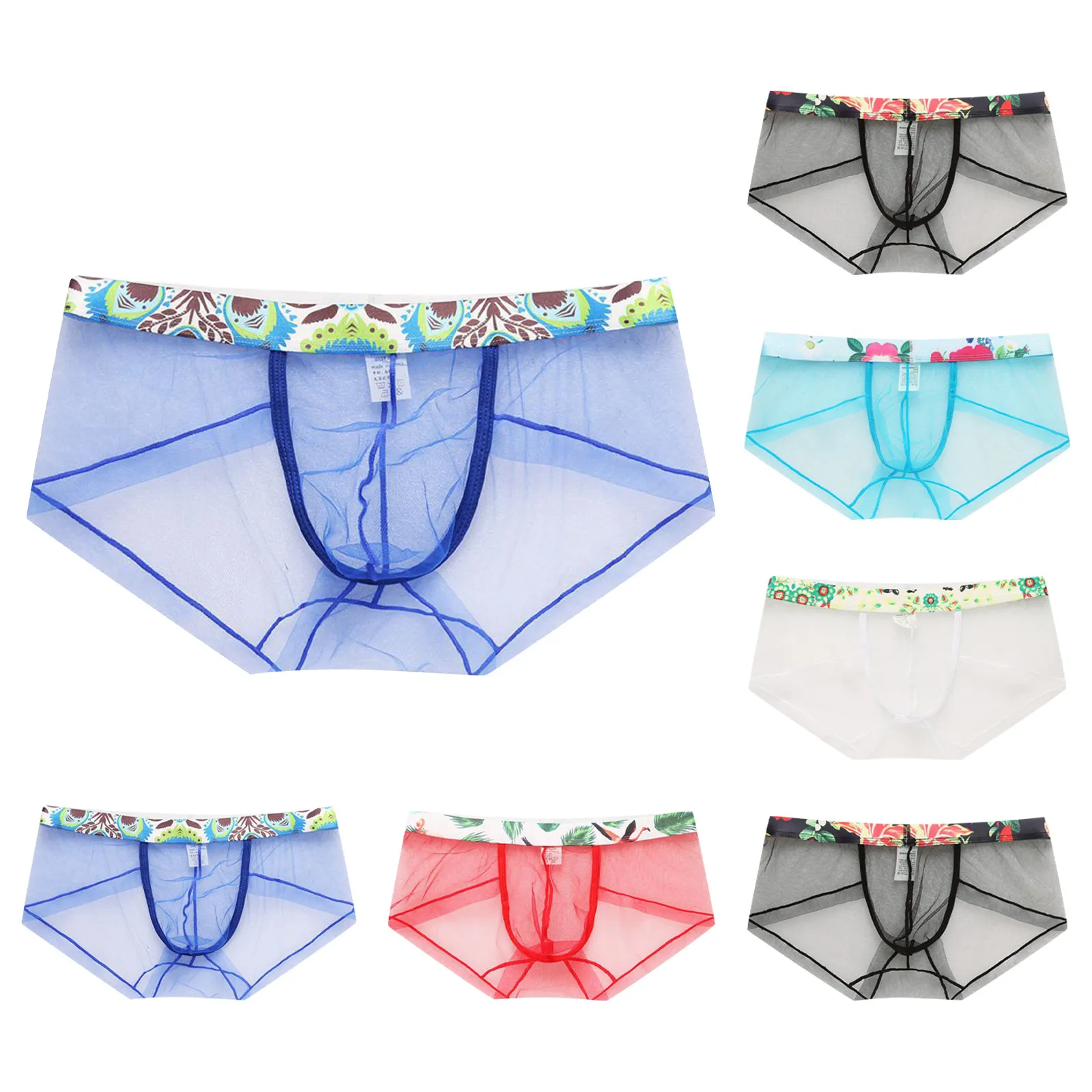 Men's Sexy Exotic Boxers Underwear Mesh Splicing Retro Printed Waist Light And Thin Underwear Low Waist Transparent Sexy Panties