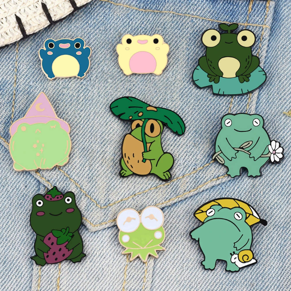 Wizard Frogs Enamel Pin Cute Big-eye Frog Cub Brooch Creative Animal Holding Leaves Umbrella Badge Cartoon Jewelry Gift for Kids