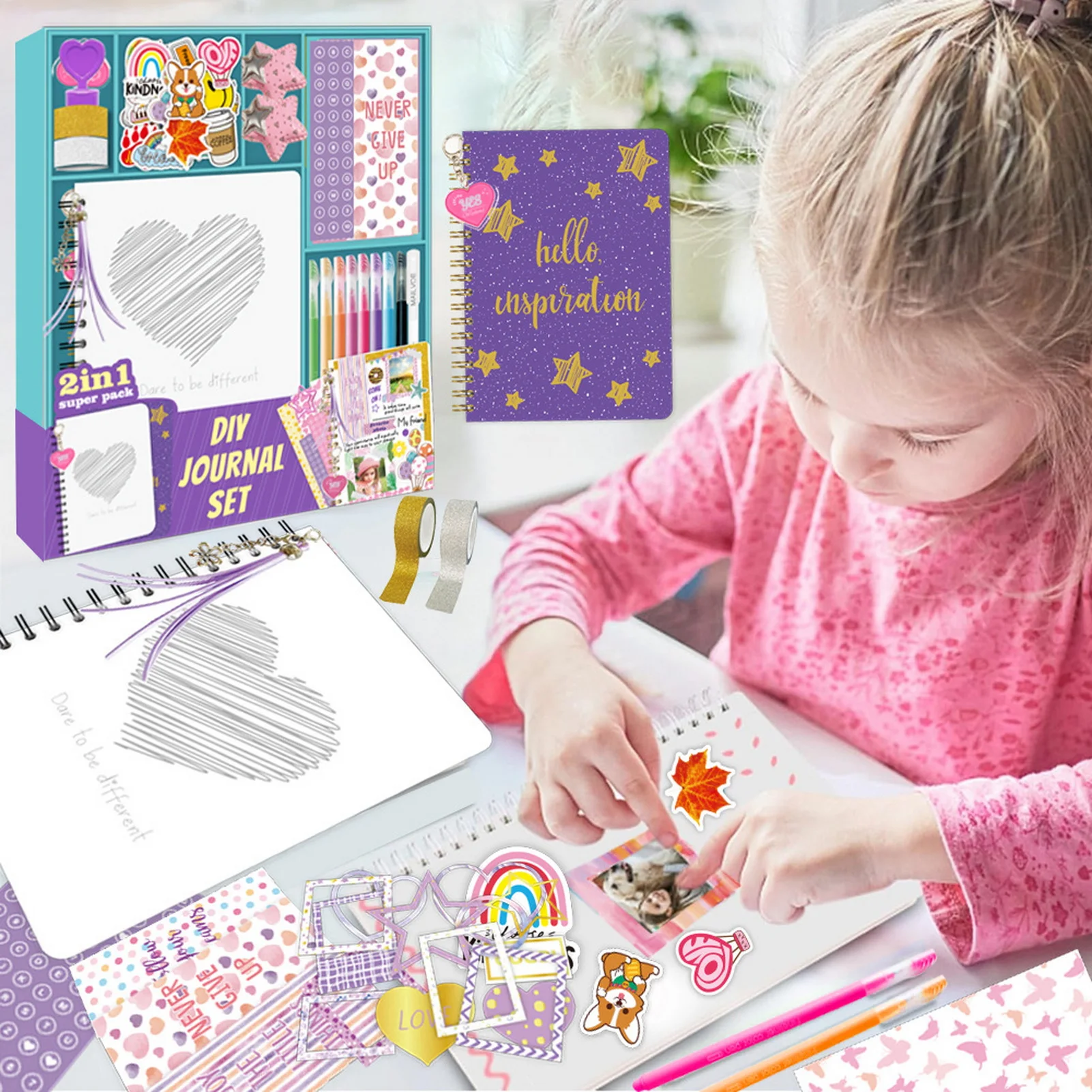 DIY Journal Kit 200Pcs Sticker DIY Child Diary Set Scrapbook Gift Journal Set Includes Notebook Stickers for The Childre