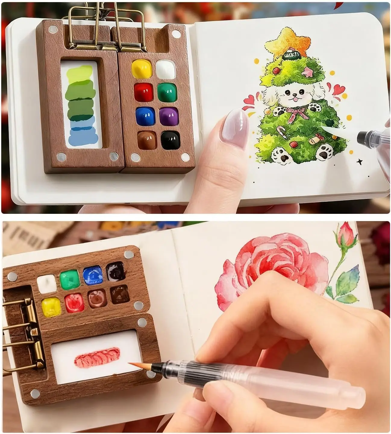 

Mini Walnut Wood Watercolor Palette Portable Paint Box With Clip Travel Painting Paint Tray Art Supplies Sketchbook Palette
