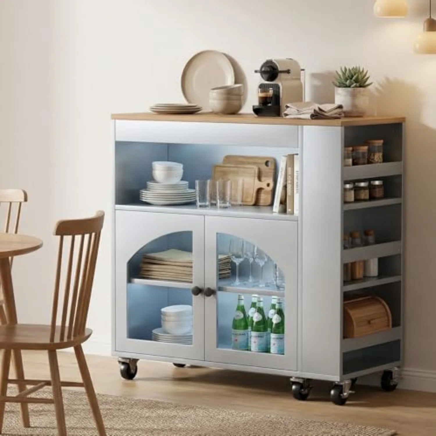 Mobile Kitchen Island with Power Outlets & LED Lights - Rolling Cart with Extendable Table, 3 Shelves + 2 Fluted Glass