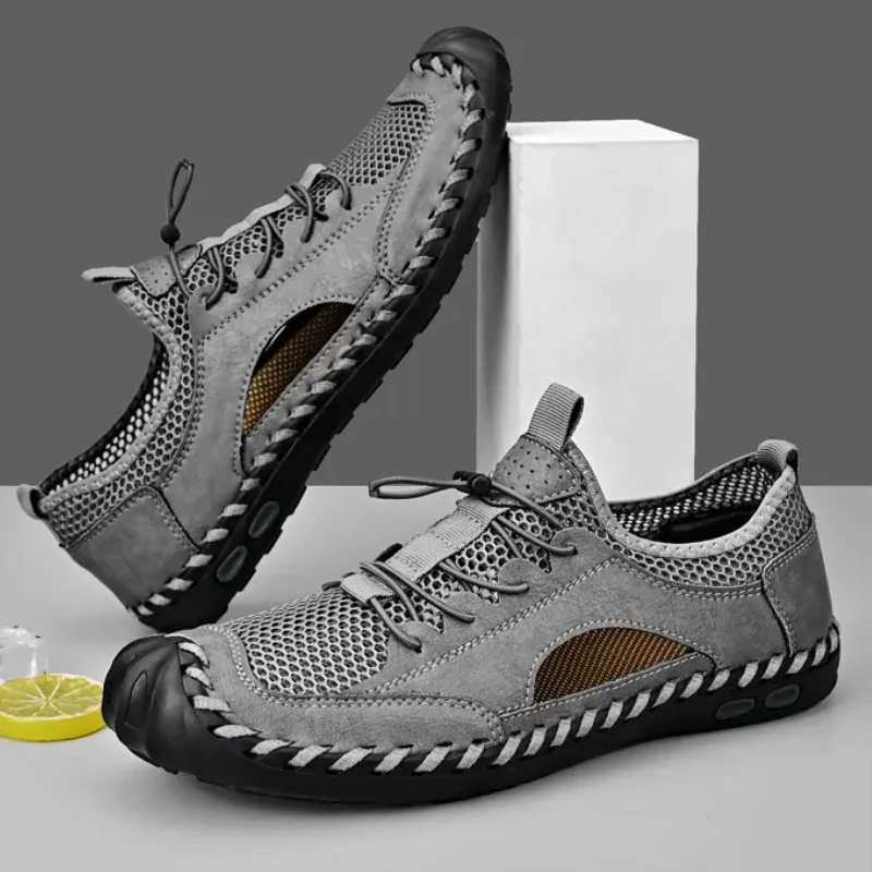 Men Elastic Band Sandals Summer New Handmade Mesh Loafers Breathable Large Size Shoes Retro Driving Flats Sapato Masculinos image 5