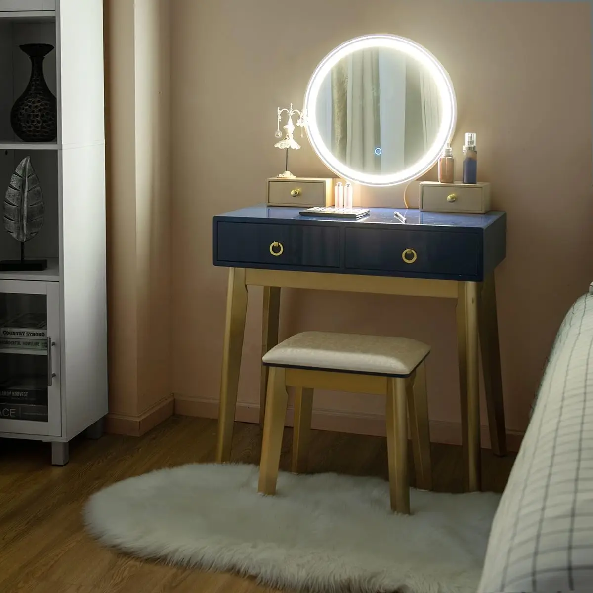 Vanity Set W/ Lighted Mirror, 3 Color Touch Screen Dimming Mirror, Adjustable Brightness, Bedroom Makeup Dressing Table 2025 NEW