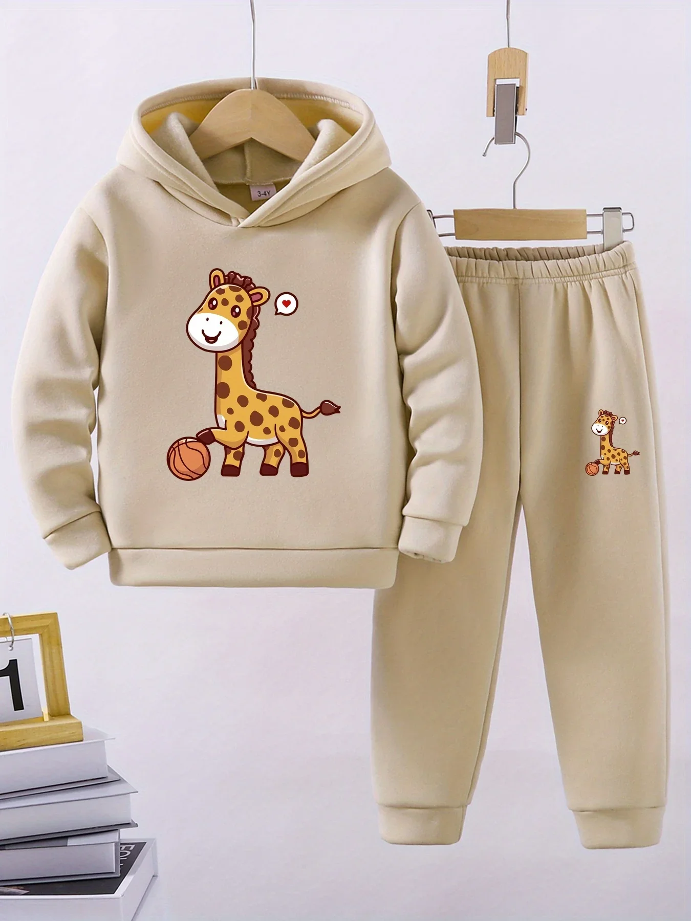 Giraffe Pattern 2pcs Set, New Thick Style Boys' Sweatshirt, Long Sleeve Hoodie + Long Pants 2pcs Set for Toddlers