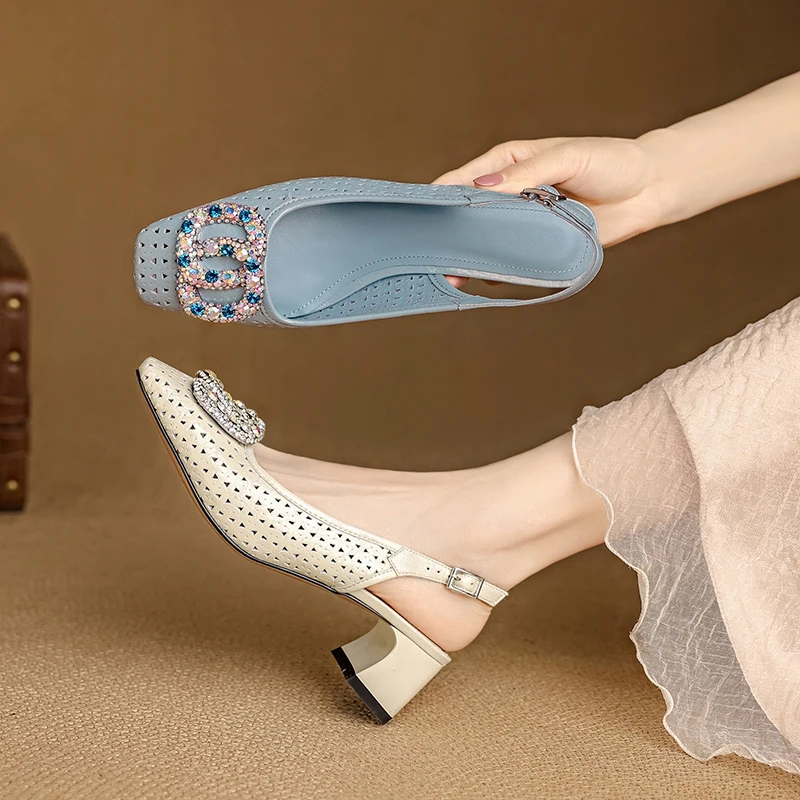 Women's New Summer Breathable Hole Leather Cowhide Rhinestone Accessories with Loose Grip High Heels and Toe Caps Sandals