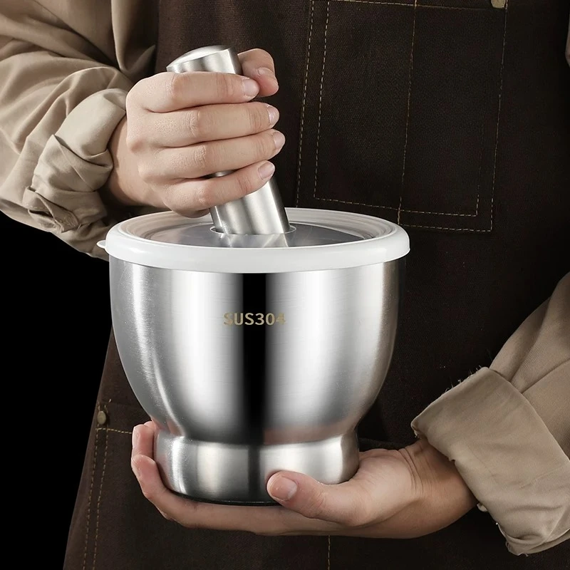 Food Grade 304 Stainless Steel Mortar and Pestle Set, Non-slip Base with Dust Cover, Home Grinding Bowl Easy Clean, Thickened