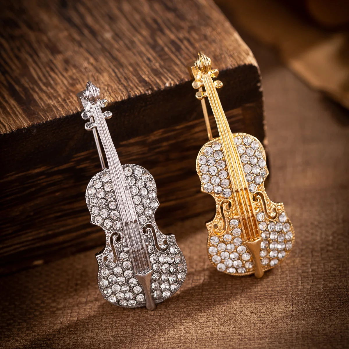 Stylish Crystal Violin Brooch For Women Men Gold Color Musical Equipment Clothes Bag Musician Stage Performance Jewelry Gifts