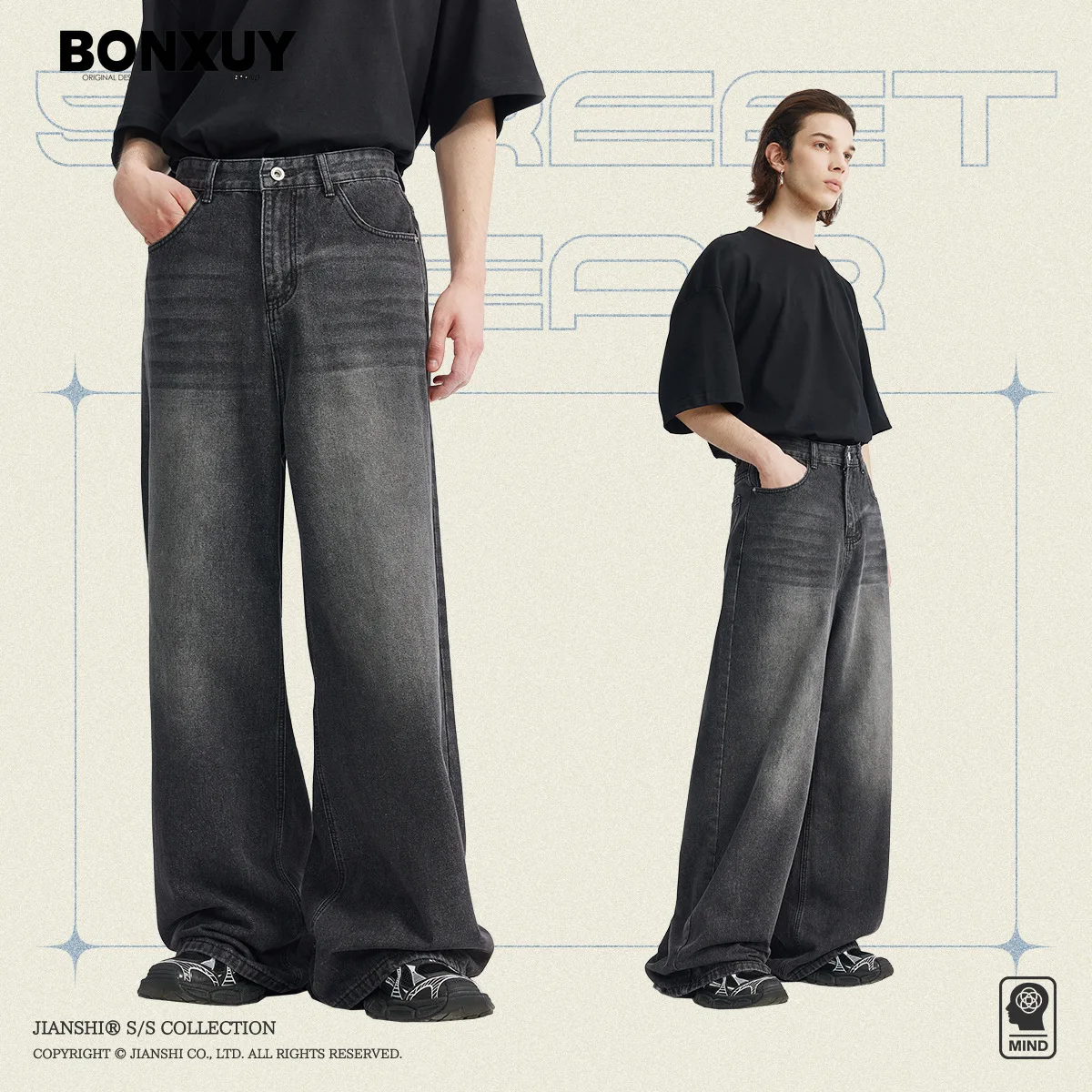 

Черно-серые простые свободные прямые рваные джинсы BONXUY в Корейском стиле мужские модные повседневные широкие брюки в американском ретро стиле