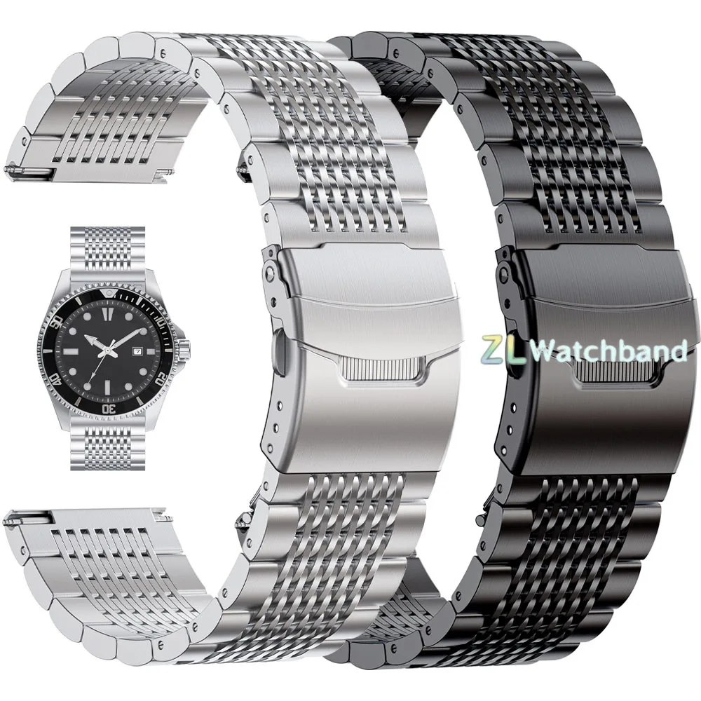 18mm 20mm 22mm 24mm Solid Mesh Stainless Steel Bracelet for Seiko Metal Diving Deployment Buckle Watchband for Rolex Wristband