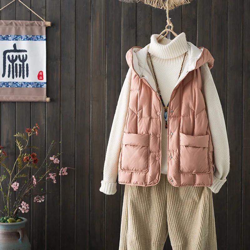 여성용 90% 화이트 덕 다운 울트라 라이트 슬리브리스 다운 베스트 2025 신상 가을/겨울 패션 후드 기본 여성용 따뜻한 조끼 코트