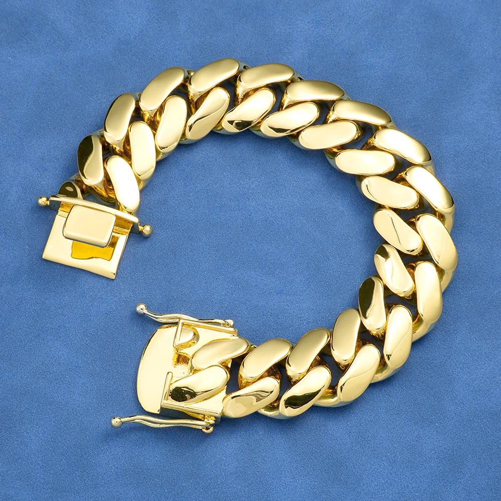 HHIOK 20mm Thick Brass Cuban Link Necklace Bracelet Iced Out 18K Gold Plated Smooth Fine Double Safety Clasp Hip Hop Jewelry