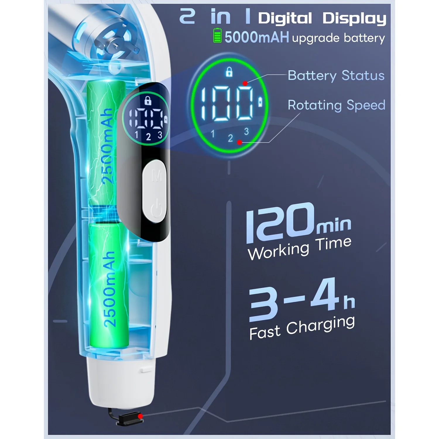 Purificador giratório, 2024 novo escova de limpeza de chuveiro sem fio com 8 cabeças de escova substituíveis, 3 velocidades ajustáveis e extensão ajustável