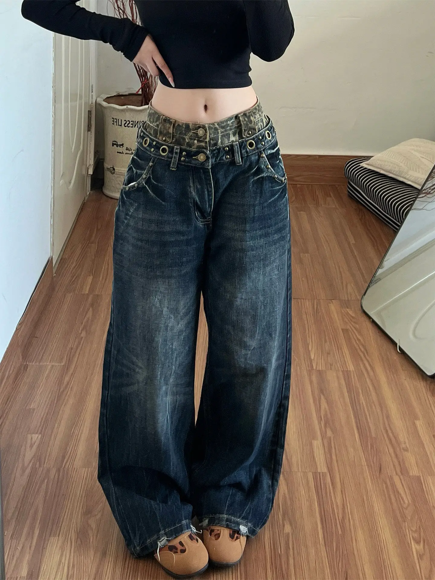 Retro American Street Leopard Print Double Waist Wide Leg Jeans Loose Straight Cut Trousers for Men And Women Spring Summer A...